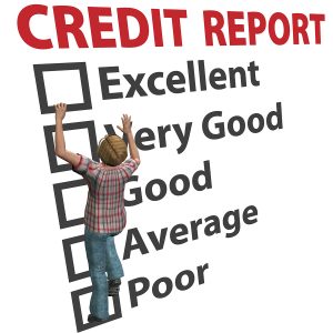 Credit report feedback graphic, child checking boxes for credit score categories, financial assessment image.