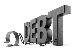 Debt trap concept with broken handcuffs, chains, and 3D text "DEBT" breaking apart.
