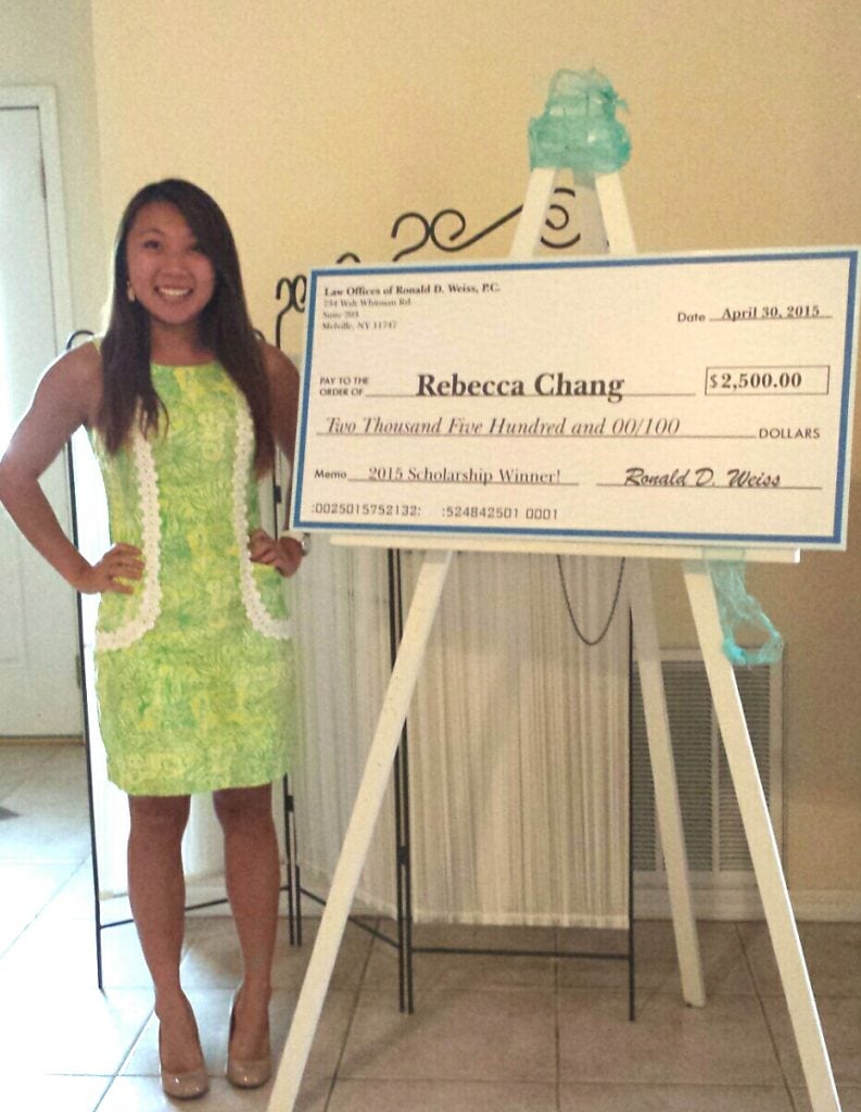 $2500 scholarship check awarded to Rebecca Chang for academic achievement or contest participation.