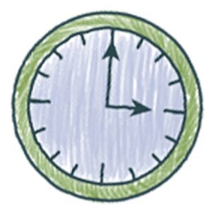 Illustration of a clock with a green rim and light blue face showing the time as 3:30, with black hour markers and hands