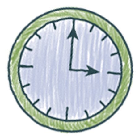 Illustration of a clock with a green rim and light blue face showing the time as 3:30, with black hour markers and hands