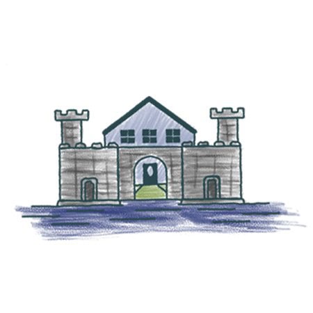 Hand-drawn illustration of a medieval-style castle with two tall towers, a central arched entrance, and surrounding water, depicted in a simplified artistic style.