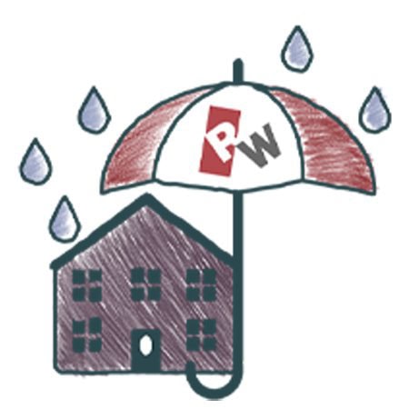 Illustration of a house being shielded from rain by an umbrella labeled 'PW', symbolizing protection or insurance against adverse weather conditions.
