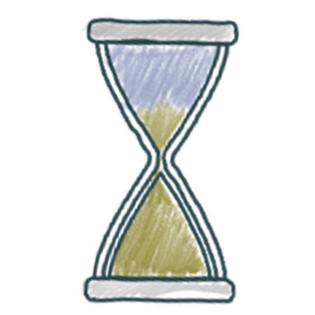 Hand-drawn hourglass with purple sand in the upper bulb and yellow sand in the lower bulb, outlined in dark green with gray caps, symbolizing the passage of time