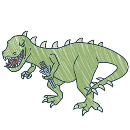 Cartoon-style green Tyrannosaurus rex with sharp teeth and back spikes, humorously holding a wrench in one of its small arms.