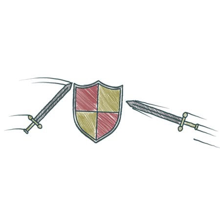 Hand-drawn illustration of a red and yellow quartered shield flanked by two swords held by arms extending from either side, evoking a medieval theme of protection or conflict