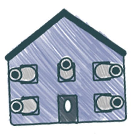 Sketch-style drawing of a house with four windows, each featuring a cannon protruding outward, blending domestic architecture with elements of defense