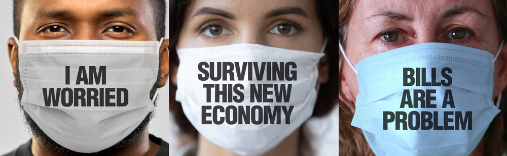 Face of diverse individuals wearing face masks with worried expressions during pandemic.