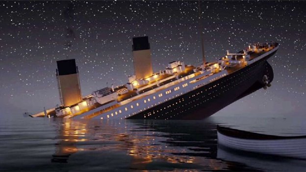 Illustration of a large ship resembling the Titanic sinking at night under a starry sky, with its stern raised and bow submerged, lights still on, and a lifeboat visible in the foreground