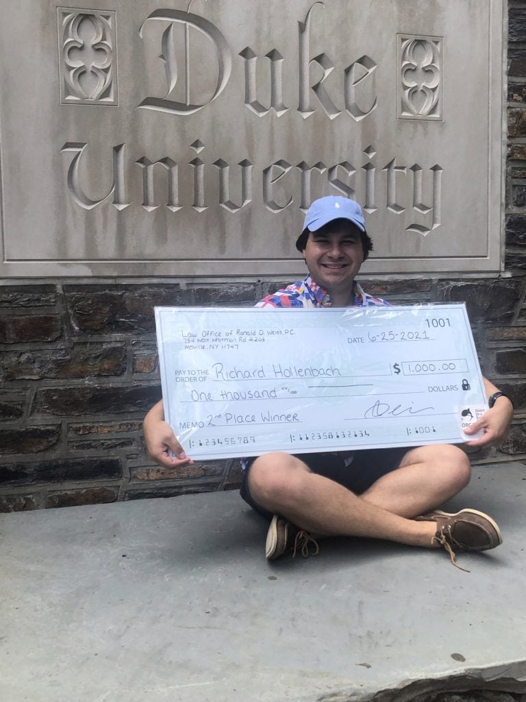 A colorful infographic detailing a scholarship essay contest, including goals to support education costs, essay topics related to financial hardship law, contest rules with prize amounts ($2,500, $1,000, $500), and a note that the contest is judged by attorneys and open to all students.