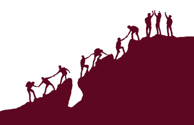 Silhouettes of people climbing a steep mountain, helping each other by extending hands, symbolizing teamwork, cooperation, and mutual support in overcoming challenges.