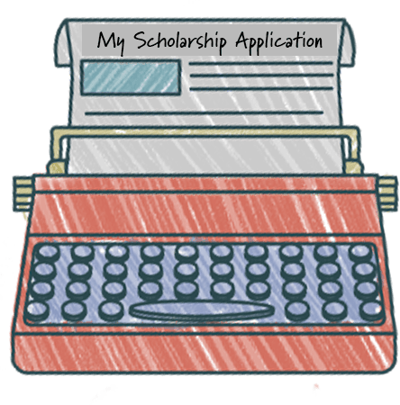 Illustration of a red typewriter with a sheet of paper titled "My Scholarship Application," symbolizing the act of writing or submitting a scholarship application.