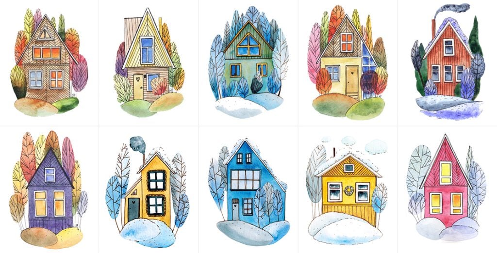 Set of ten whimsical watercolor-style house illustrations, each uniquely designed and surrounded by seasonal landscapes, arranged in two rows of five.