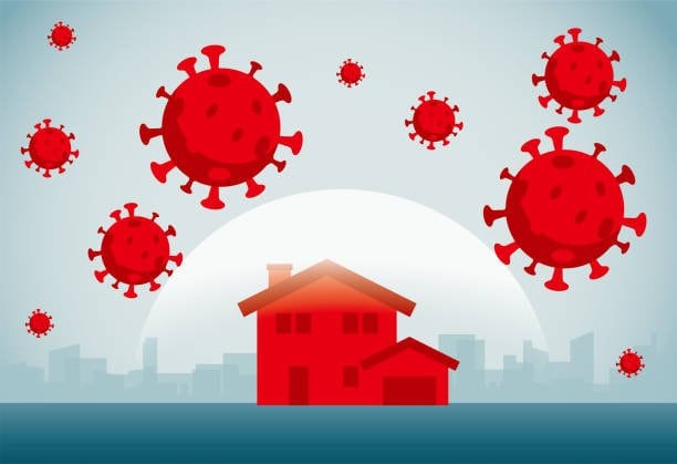 Illustration of a red house with large red coronavirus particles floating above it, symbolizing the impact of COVID-19 on homes and communities. The background shows a city skyline in light blue tones.