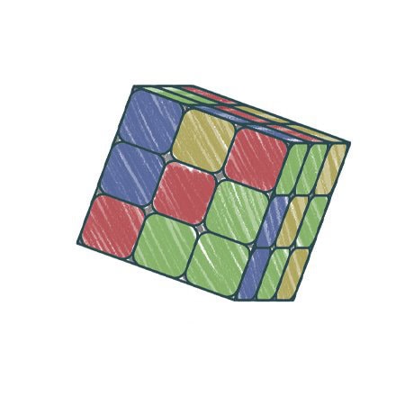 A hand-drawn illustration of a partially solved Rubik's Cube, showing red, green, blue, and yellow squares on three visible faces. The cube is tilted, and each face contains mixed colors.