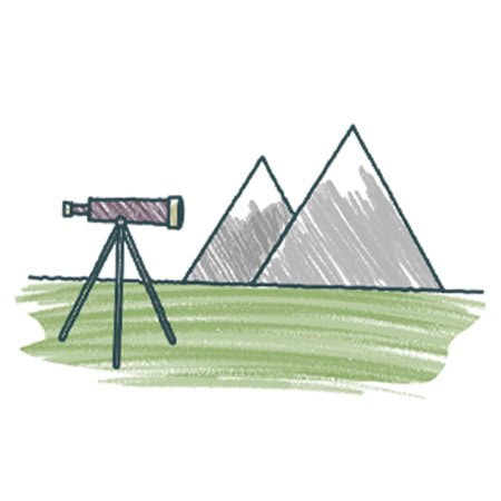 A hand-drawn illustration of a telescope on a tripod facing two pyramids in the background, set on a patch of green grass.