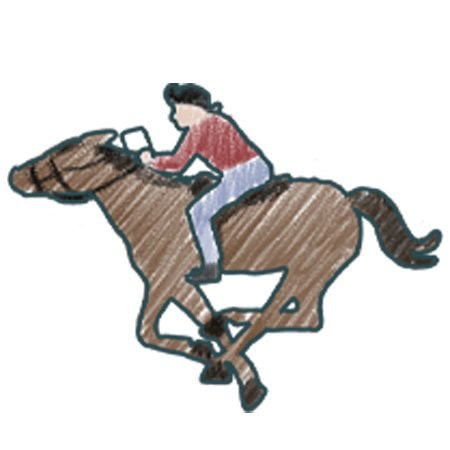 A drawing of a person wearing a helmet and red shirt riding a galloping brown horse.