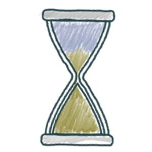 A simple drawing of an hourglass with sand mostly in the lower half, and a small amount remaining in the upper half, indicating time is almost up.