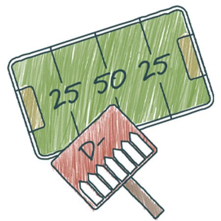A hand-drawn illustration of an American football field showing the numbers 25, 50, and 25, with a red penalty flag featuring the letter "D-" in front of it.