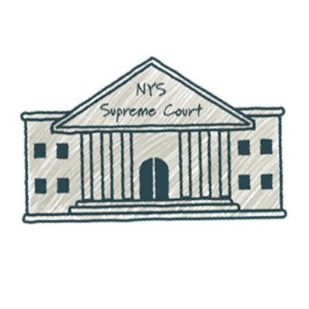A simple drawing of a courthouse labeled "NYS Supreme Court" with columns, a triangular roof, and a central arched doorway. The building has several square windows on both sides.