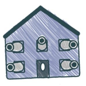 Simple drawing of a blue house with a black roof, four windows, and a door. Each window has a cannon sticking out, giving the house a fortified appearance.