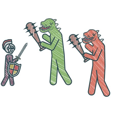A knight in armor with a sword and shield faces two large, monster-like creatures holding spiked clubs; one creature is green, the other is red. The drawing has a rough, crayon-like style.