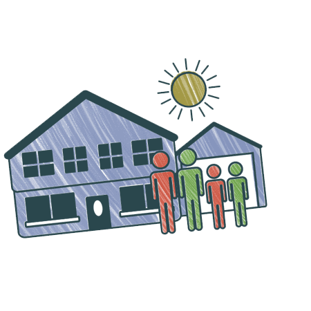 A simple illustration of a house and garage with four stick-figure people standing in front, under a shining sun in the sky.