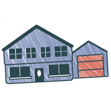 Two-story house with attached garage, architectural drawing style.