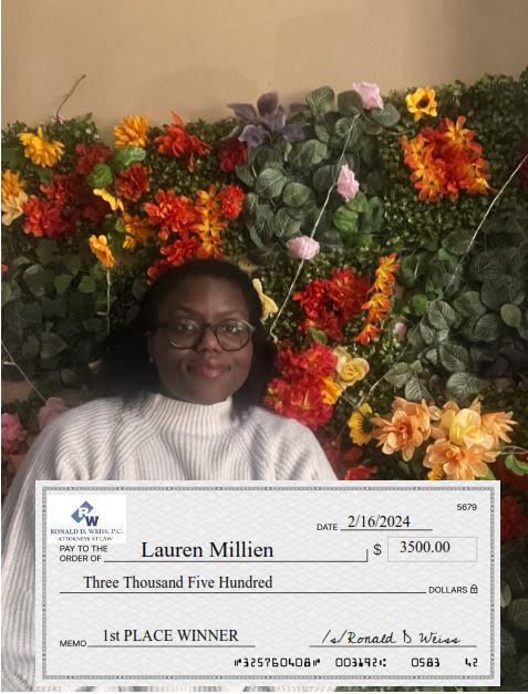 Check image for floral background with woman holding a check.