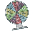 Colorful spinning wheel with various labeled sections and a stand, representing decision-making or risk analysis.