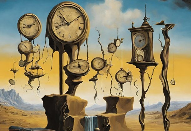 Melting clocks and surreal landscape inspired by Salvador Dalí's painting.
